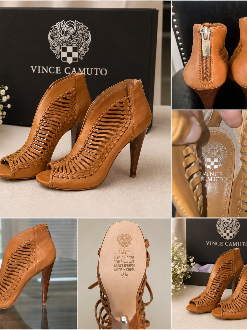Vince Camuto Cognac Woven Peep-Toe High Heel Booties